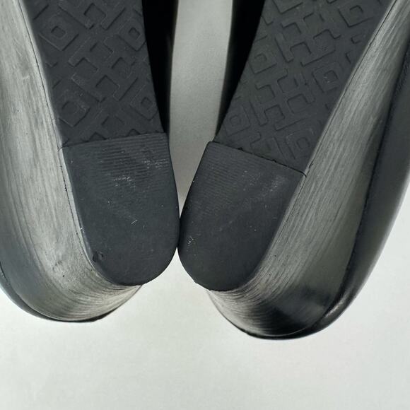 Tory Burch Sally Leather Wedge Pumps Shoes Black Metal Double T Logo 9.5M - Picture 14 of 15